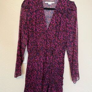 Veronica Beard Women’s 4 Anjali Silk Ruched Floral Ruffle Long Sleeve Mini Dress